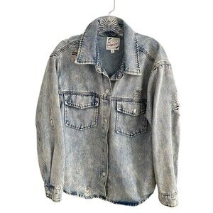 Stoosh Vintage Denim Jean Acid Wash Distressed Shacket Shirt Jacket Size 14